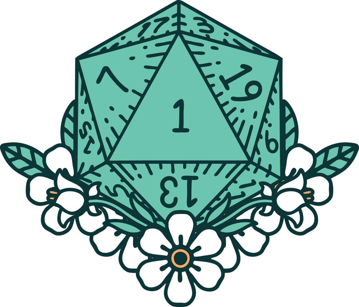 Retro Tattoo Style natural one dice roll with floral elements vector