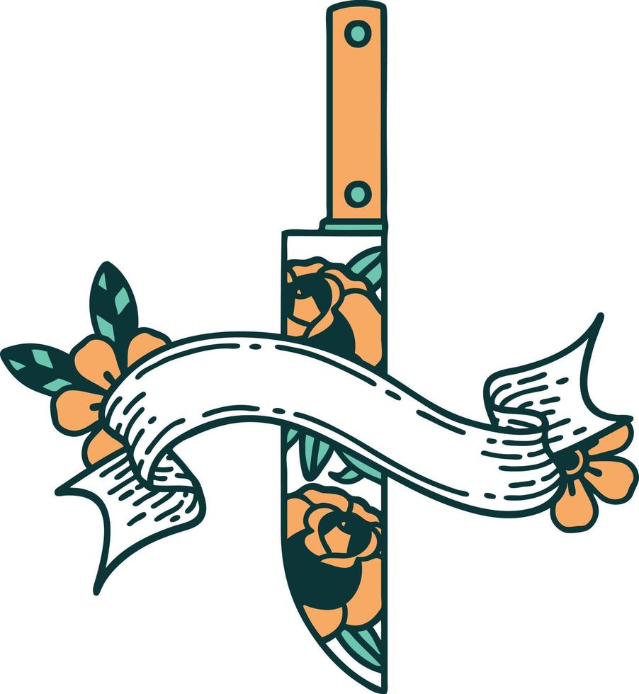 traditional tattoo with banner of a dagger and flowers vector