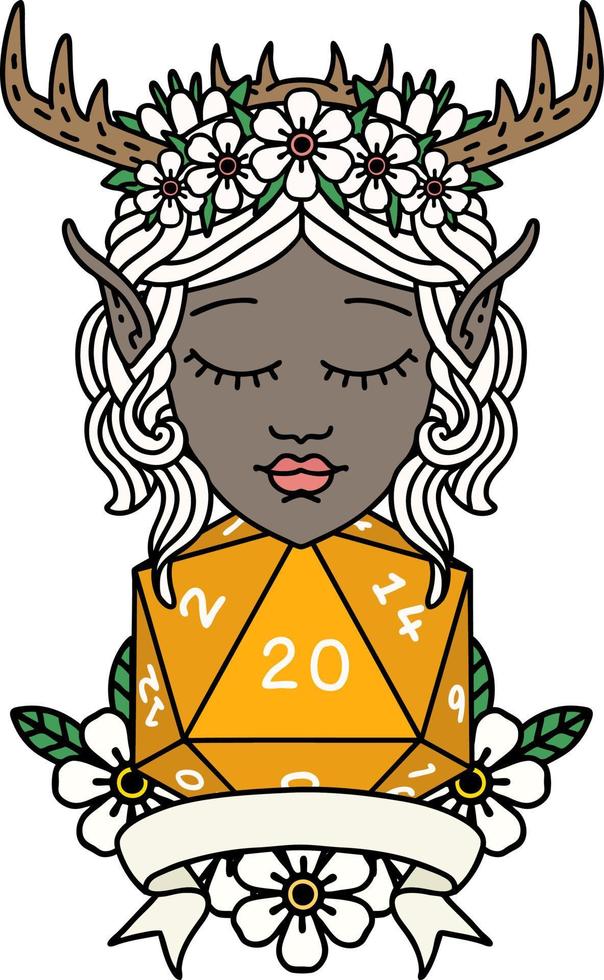 Retro Tattoo Style elf druid character with natural 20 dice roll vector