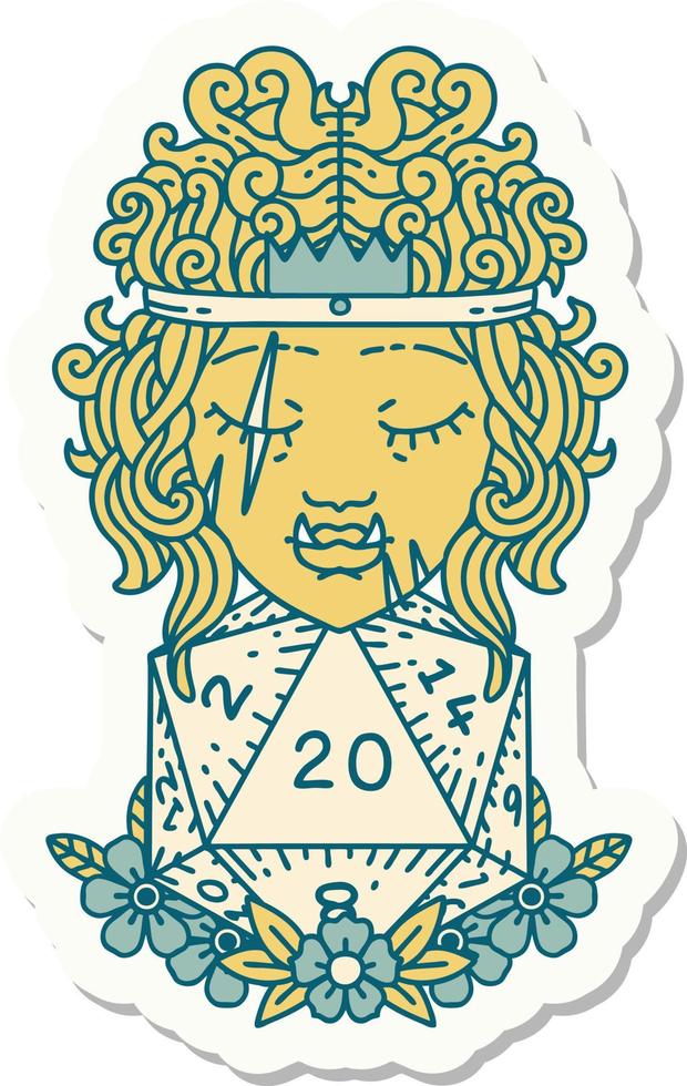 sticker of a half orc barbarian with natural twenty dice roll vector