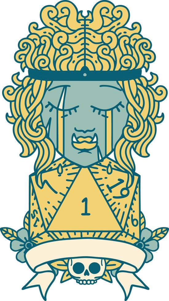Retro Tattoo Style crying orc barbarian character with natural one D20 roll vector