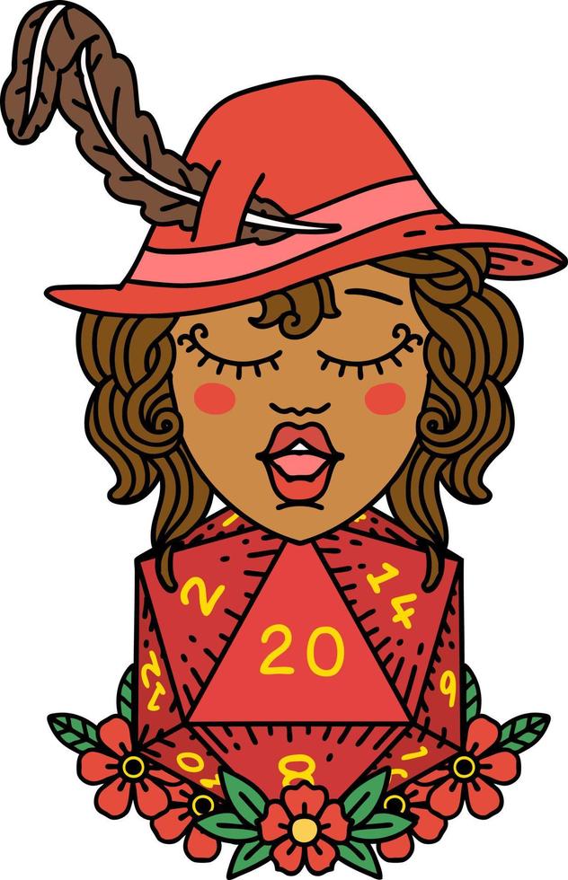 Retro Tattoo Style human bard with natural 20 dice roll vector