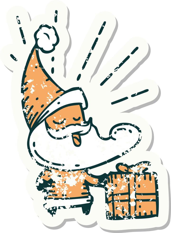 worn old sticker of a tattoo style santa claus christmas character vector