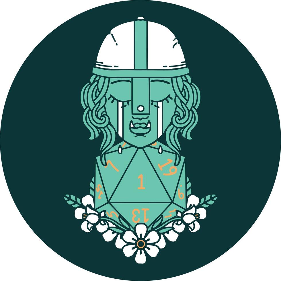 icon of crying orc fighter character with natural one D20 roll vector