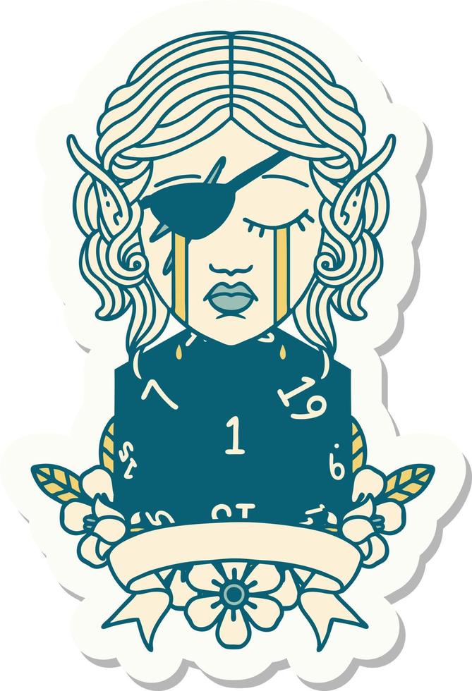 sticker of a crying elf rogue character with natural one D20 roll vector