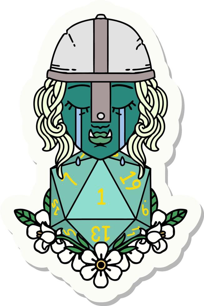 sticker of a crying orc fighter character with natural one D20 roll vector