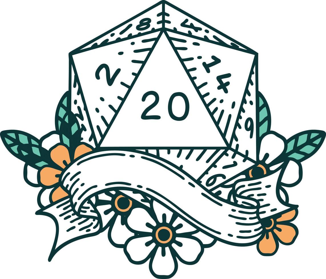Retro Tattoo Style natural twenty D20 dice roll vector