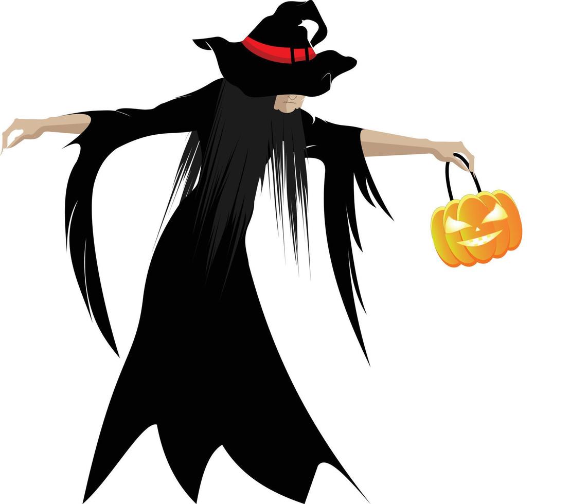 Wicked witch wears black dress and hat with orange belt and holds in her hand a luminous lantern in the shape of a pumpkin vector