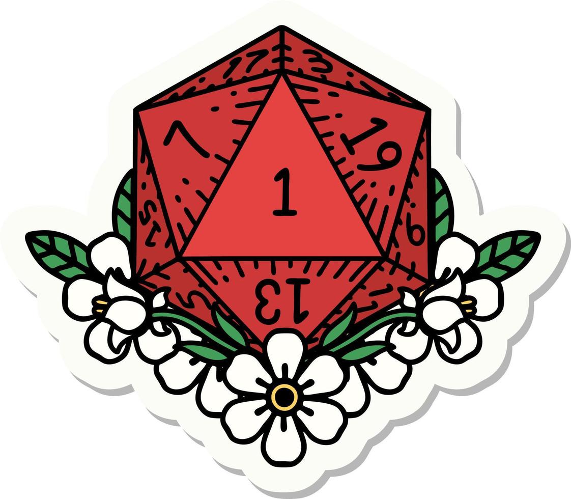sticker of a natural one dice roll with floral elements vector