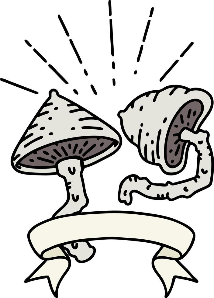 scroll banner with tattoo style mushrooms vector