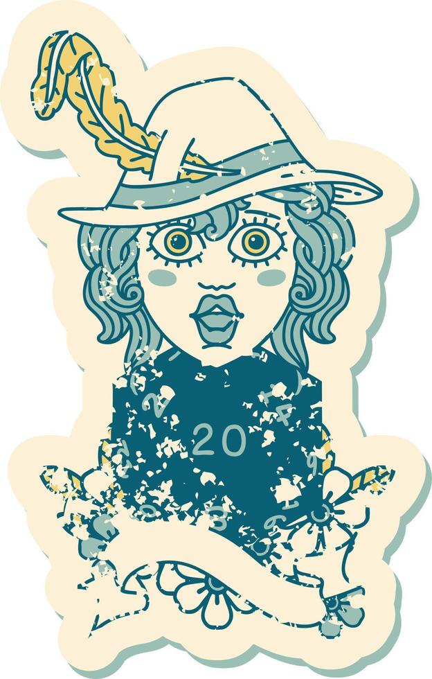 Retro Tattoo Style human bard with natural twenty dice roll vector