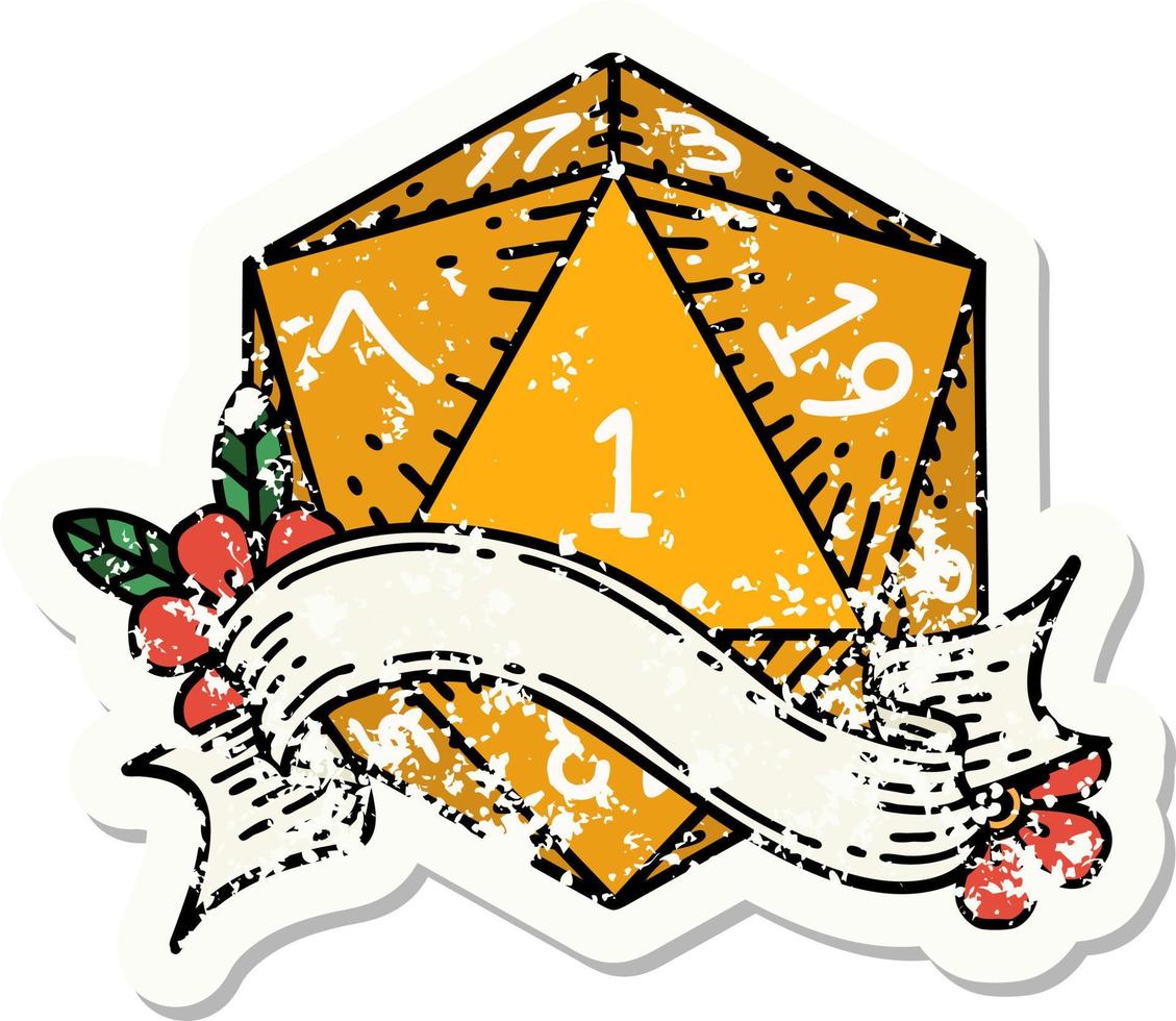 grunge sticker of a natural one d20 dice roll vector