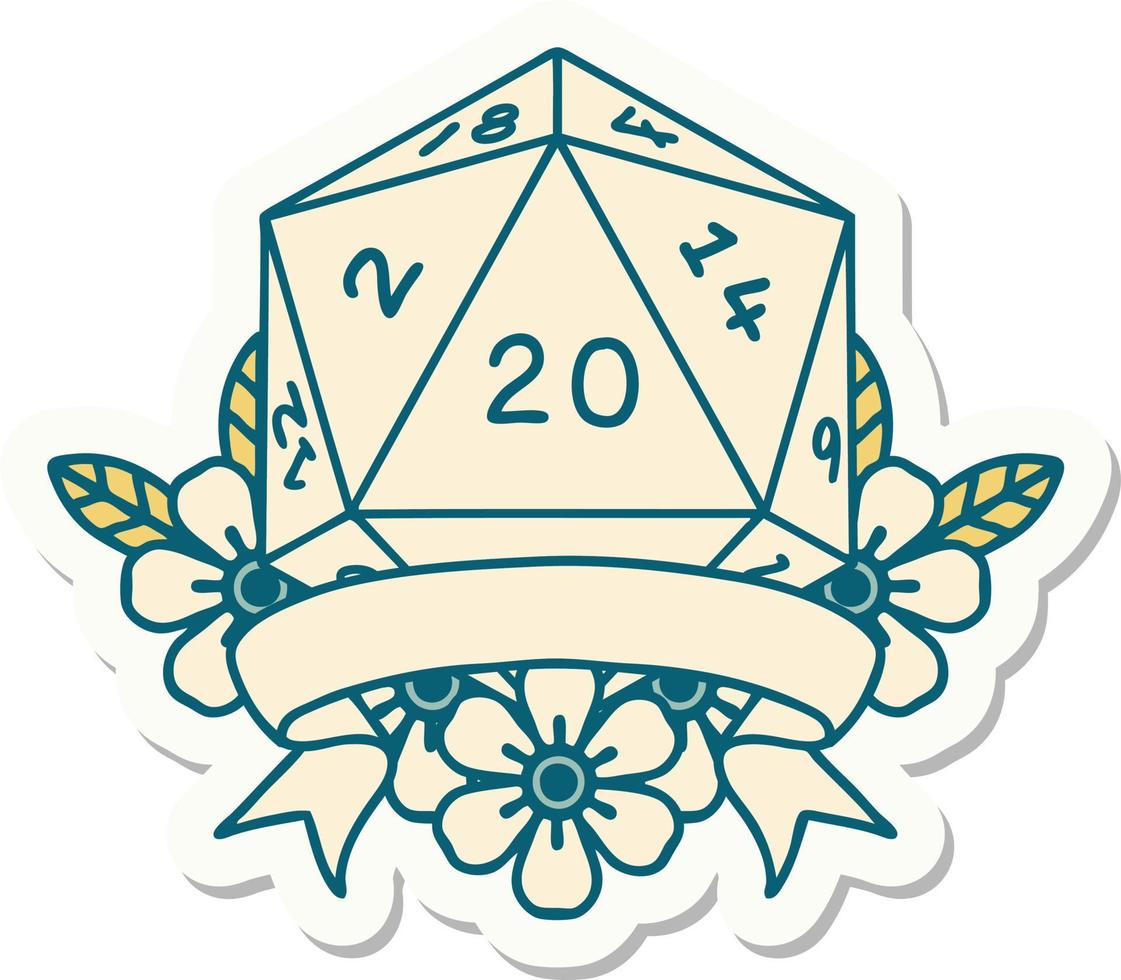 sticker of a natural 20 critical hit D20 dice roll vector