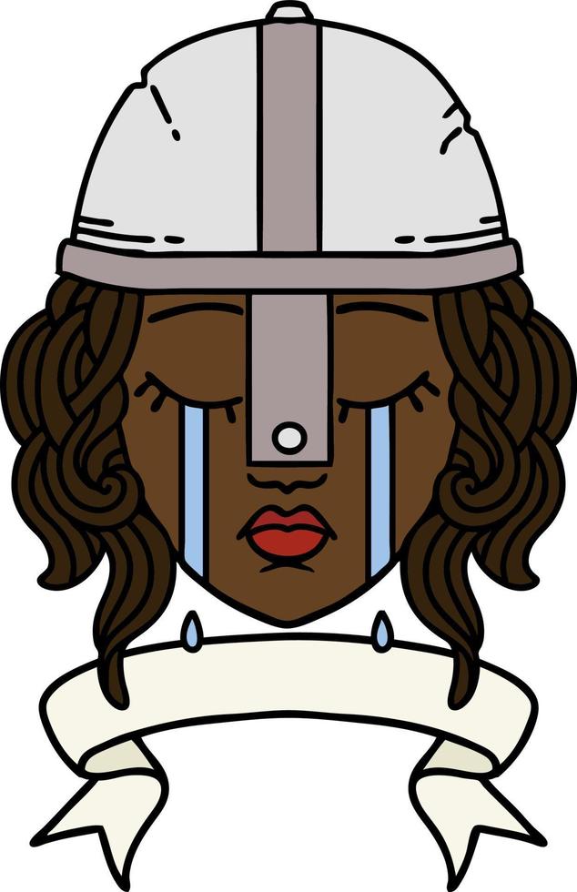 Retro Tattoo Style crying human fighter character with banner vector