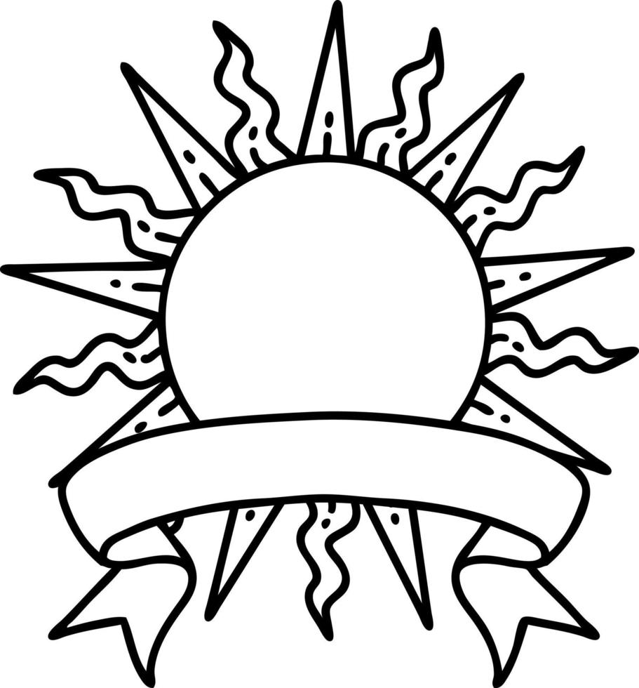 traditional black linework tattoo with banner of a sun vector