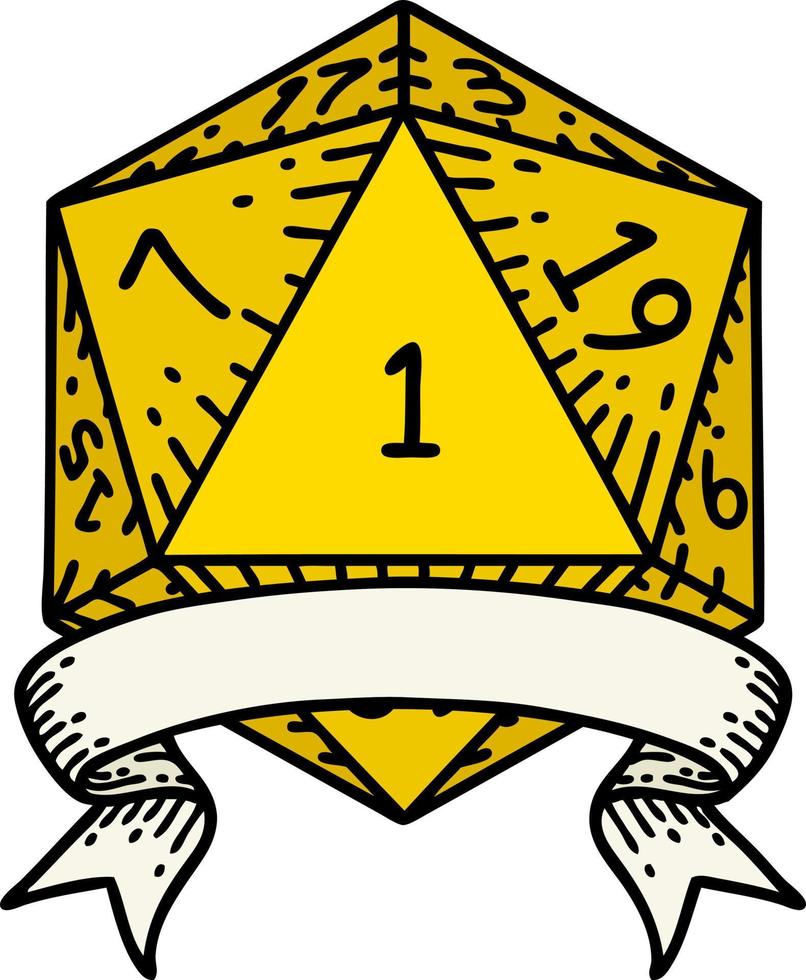 Retro Tattoo Style natural one d20 dice roll vector
