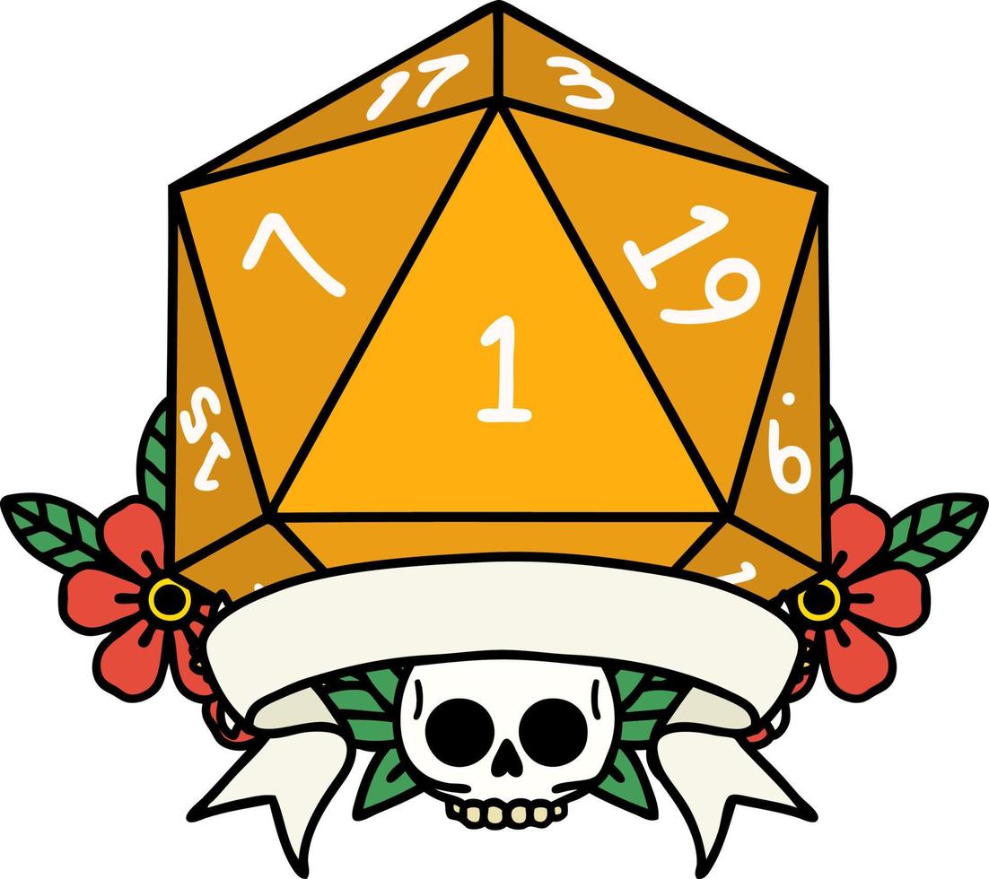 Retro Tattoo Style natural one d20 dice roll vector