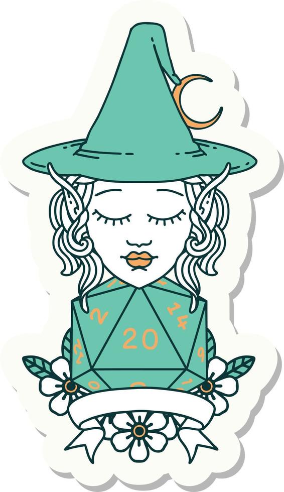 sticker of a elf mage character with natural twenty dice roll vector