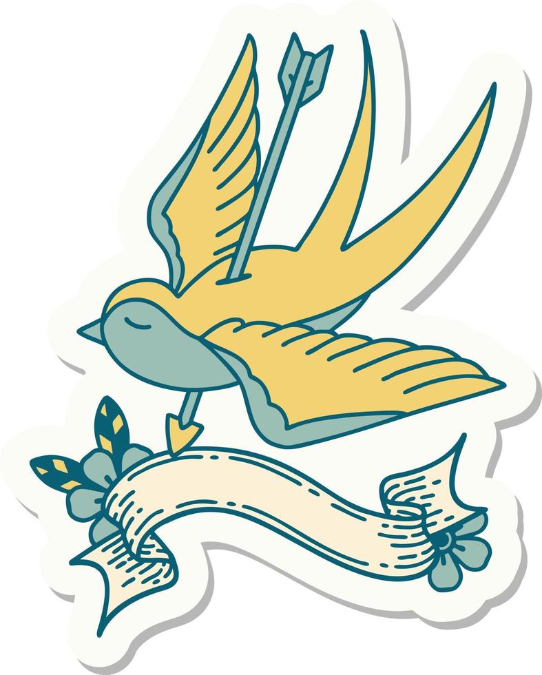 tattoo style sticker with banner of a swallow shot through with arrow vector
