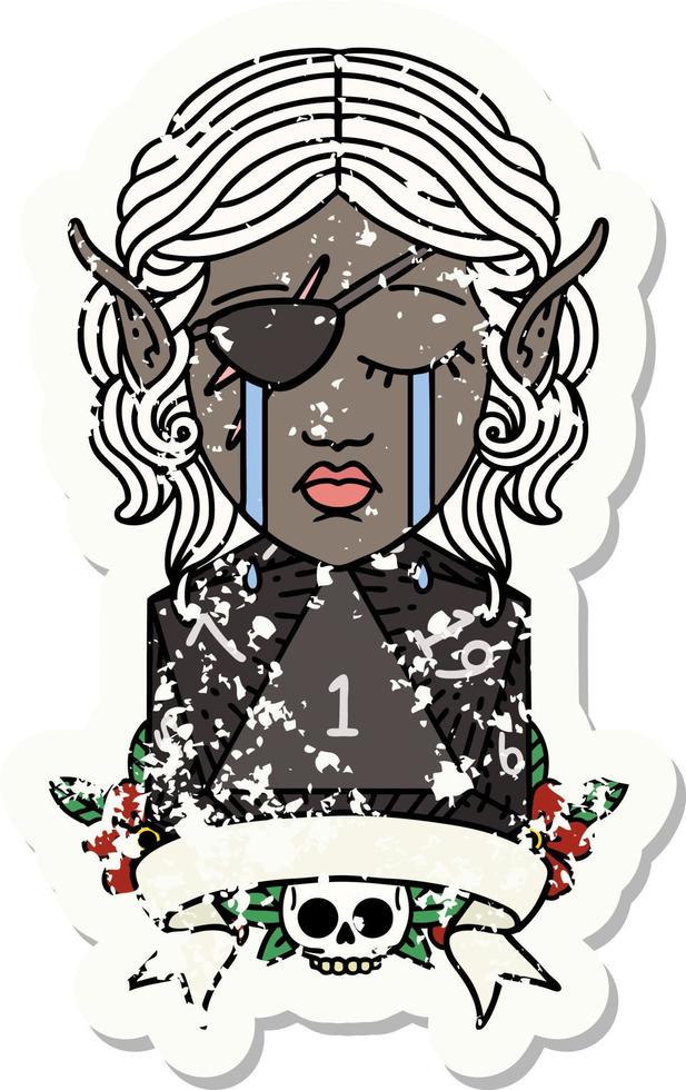 Retro Tattoo Style crying elf rogue character with natural one D20 roll vector