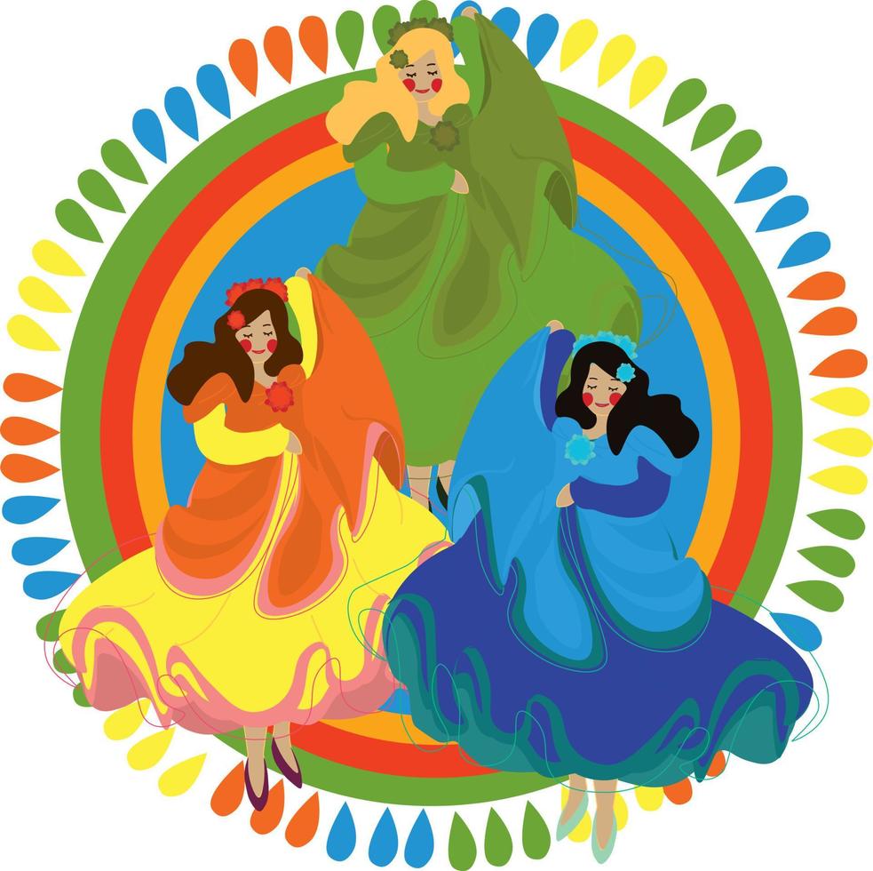 Beautiful Women Wearing Traditional Dresses Dancing during Cinco De Mayo Festival Mexican. Latin Folk Music Celebration. Cartoon Flat Illustration. vector