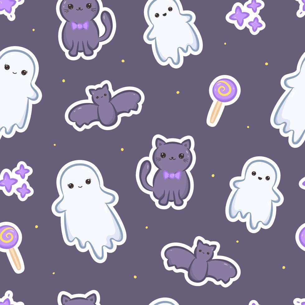 Seamless pattern with stickers ghosts, bat, cat, lollipop and stars. Cute kawaii halloween print for design, background, wrapping paper and web design. Vector illustration