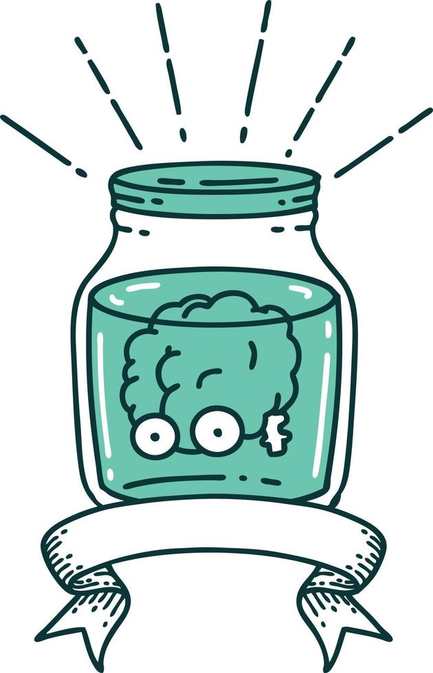 scroll banner with tattoo style brain in jar vector