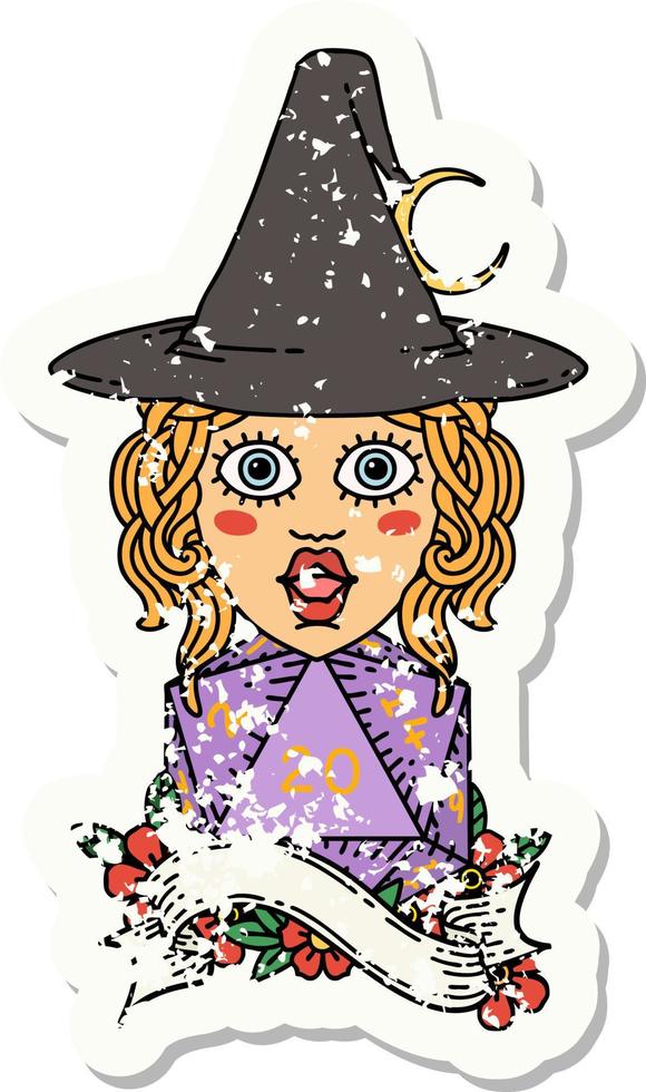grunge sticker of a human mage with natural 20 D20 dice roll vector