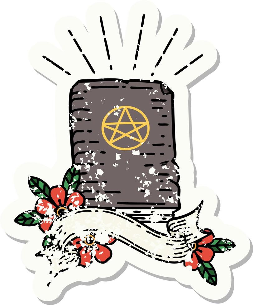 worn old sticker of a tattoo style spellbook vector