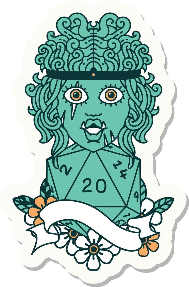 sticker of a half orc barbarian character with natural twenty dice roll vector