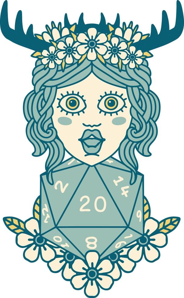 Retro Tattoo Style human druid with natural twenty dice roll vector