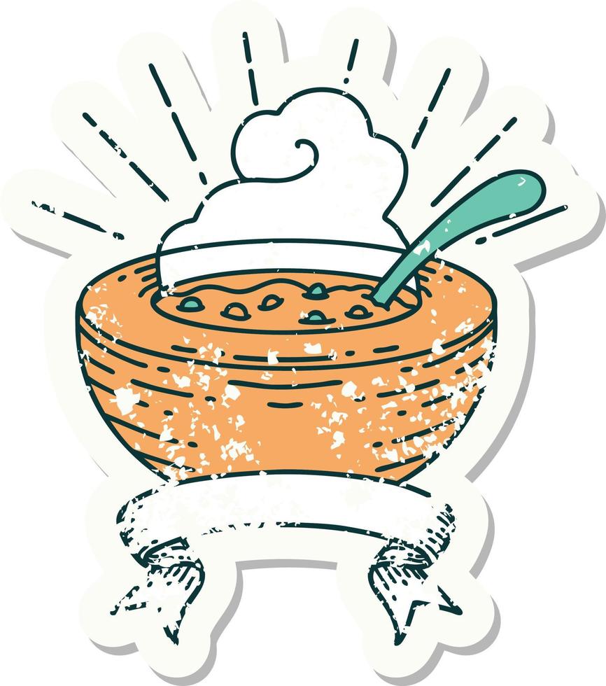 worn old sticker of a tattoo style bowl of soup vector