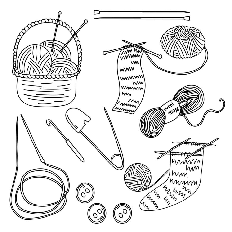 Set of knitting accessories in hand drawn doodle style. Crochet illustration. Hand drawn cute line art about handmade. Coloring page. vector