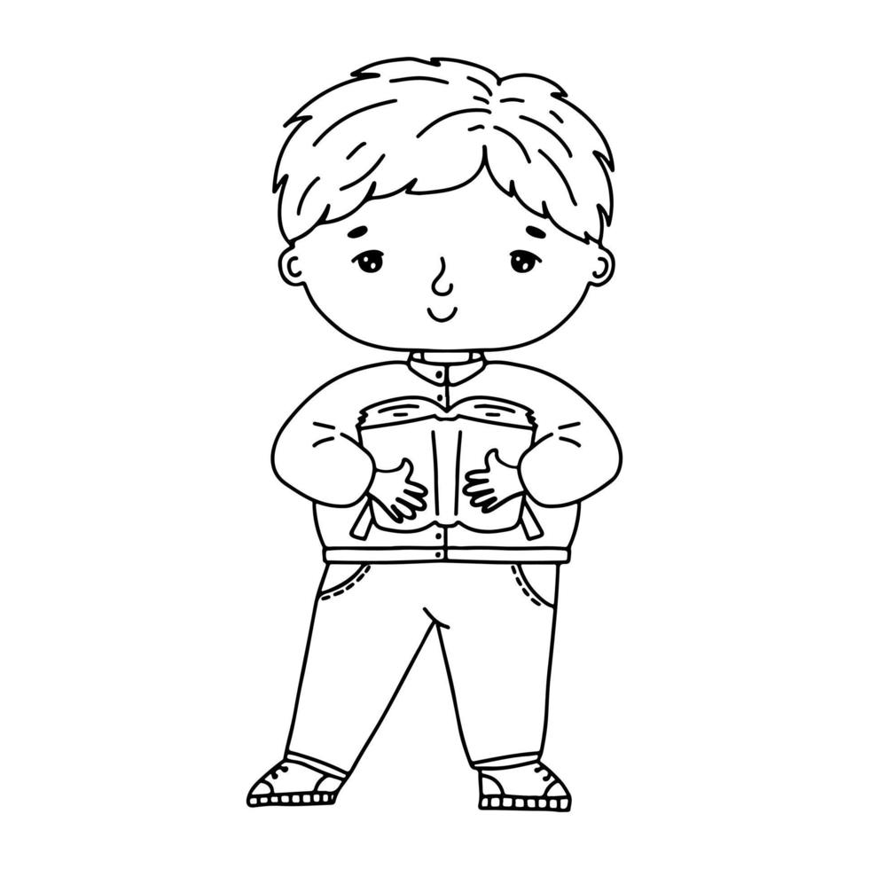 Cute kid boy with book in hand drawn doodle style. Vector sketch illustration of kid.