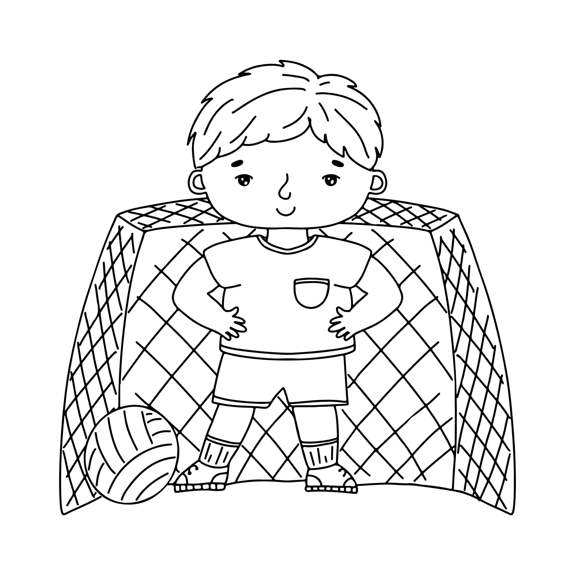 Cute kid boy with ball and goal behind in hand drawn doodle style