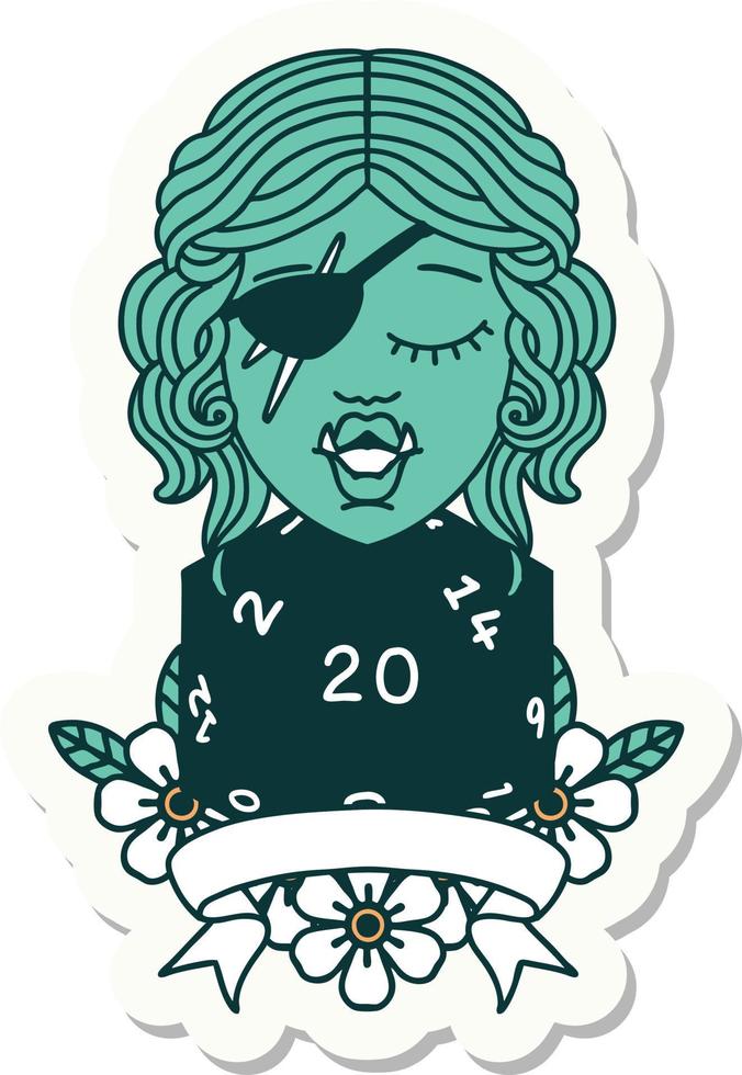 sticker of a half orc rogue character with natural twenty dice roll vector