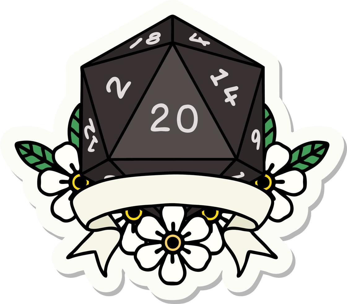 sticker of a natural 20 critical hit D20 dice roll vector