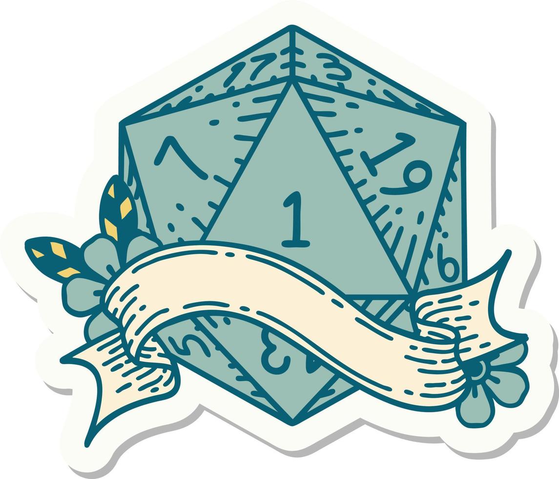 sticker of a natural one d20 dice roll vector