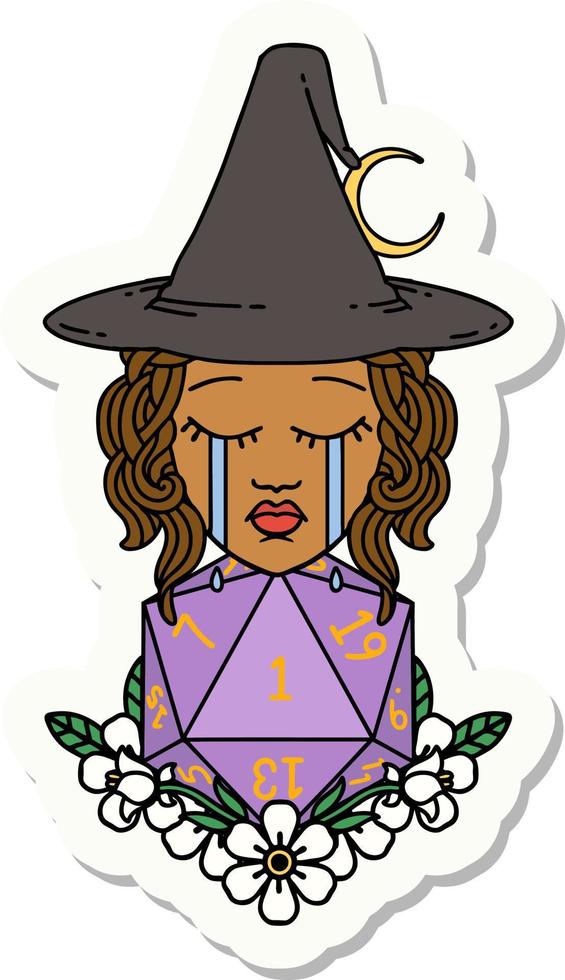 sticker of a crying human witch with natural one D20 dice roll vector