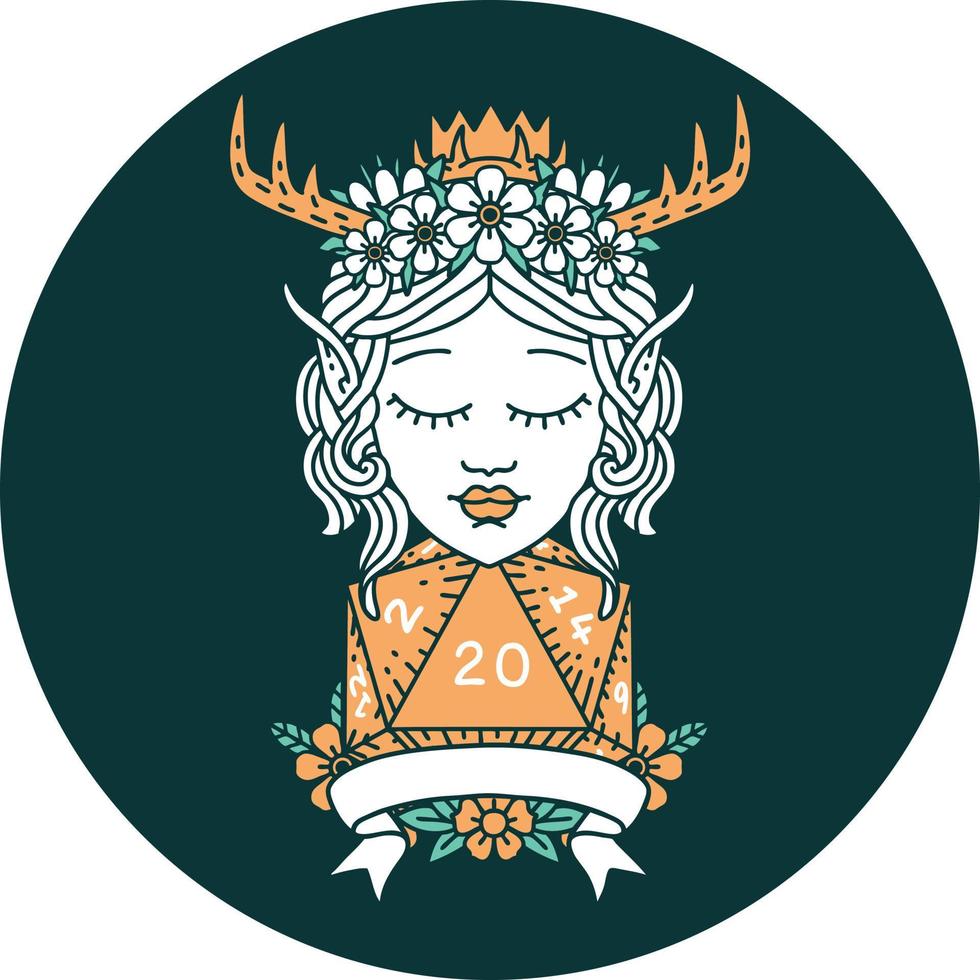 icon of elf druid character with natural 20 dice roll vector