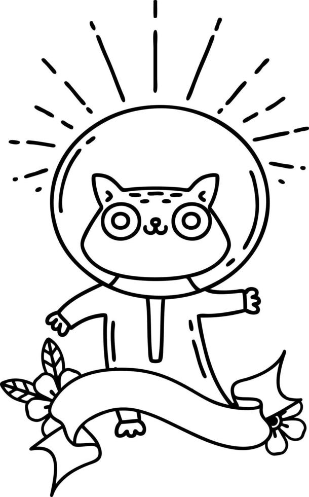 scroll banner with black line work tattoo style cat in astronaut suit vector