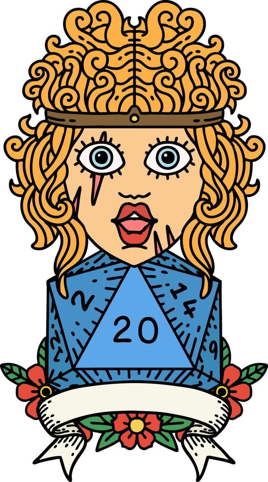 Retro Tattoo Style human barbarian with natural twenty dice roll vector