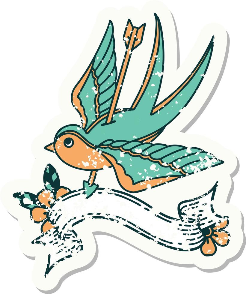 worn old sticker with banner of a swallow pierced by arrow vector