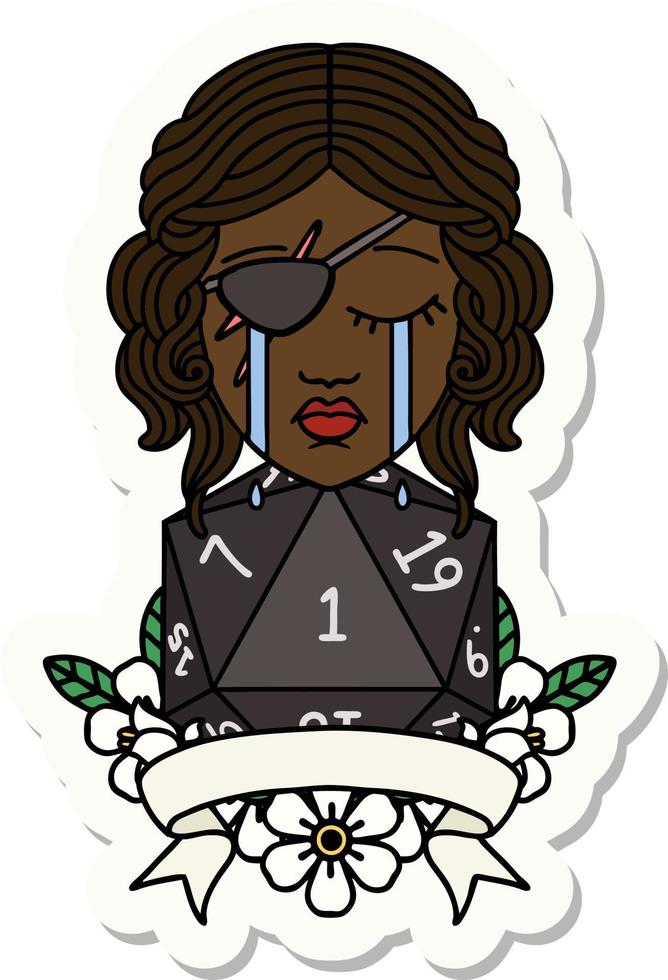 sticker of a crying human rogue with natural one roll vector