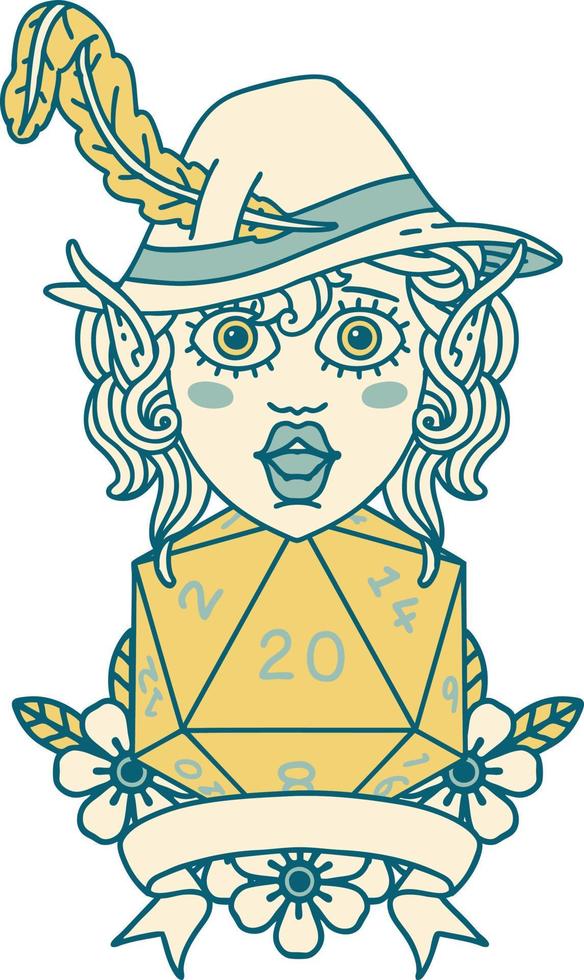 Retro Tattoo Style elf bard with natural twenty dice roll vector