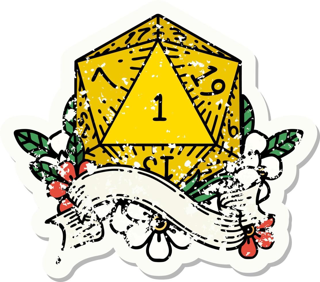 grunge sticker of a natural one d20 dice roll vector