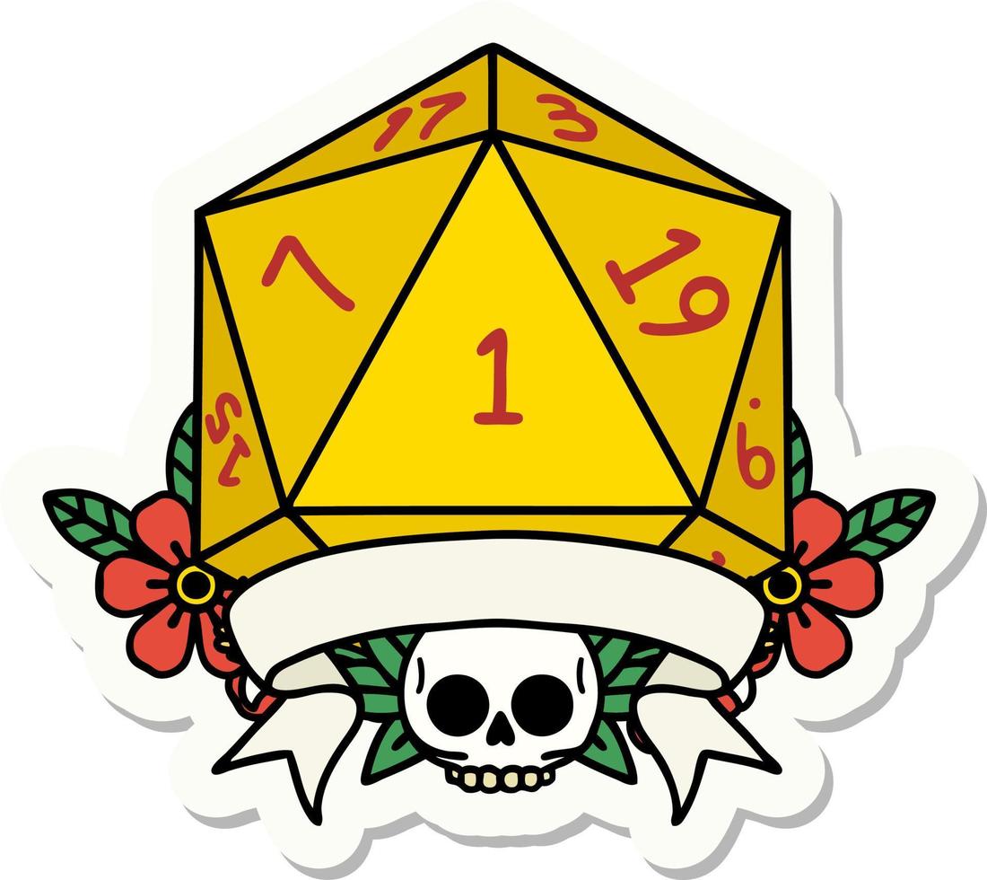 sticker of a natural one d20 dice roll vector