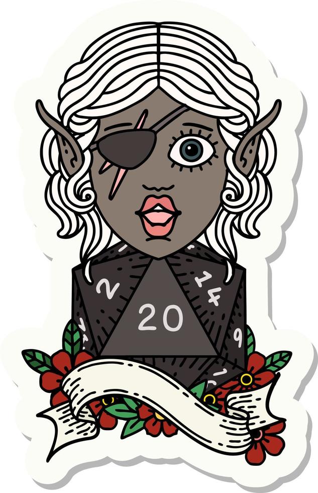 sticker of a elf rogue with natural twenty dice roll vector