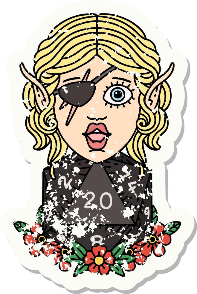 grunge sticker of a elf rogue character with natural twenty dice roll vector