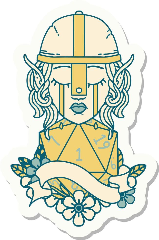 sticker of a crying elf fighter character face with natural one D20 roll vector